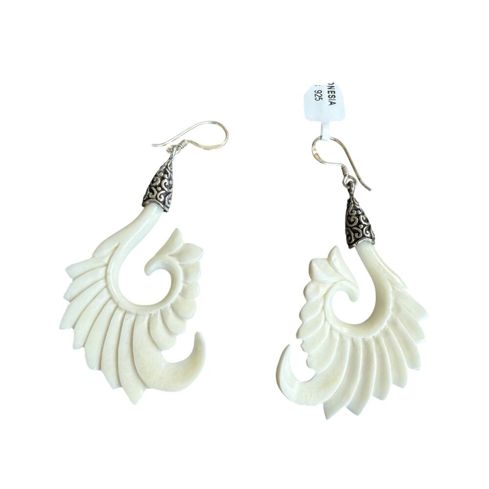 Hand-Carved White Earrings Sterling Silver Hooks & Intricate Design - Made In In
